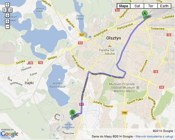 Route from Central Station to the Faculty of Humanities UWM