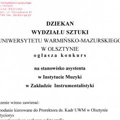Konkurs na stanowisko asystenta w Instytucie Muzyki